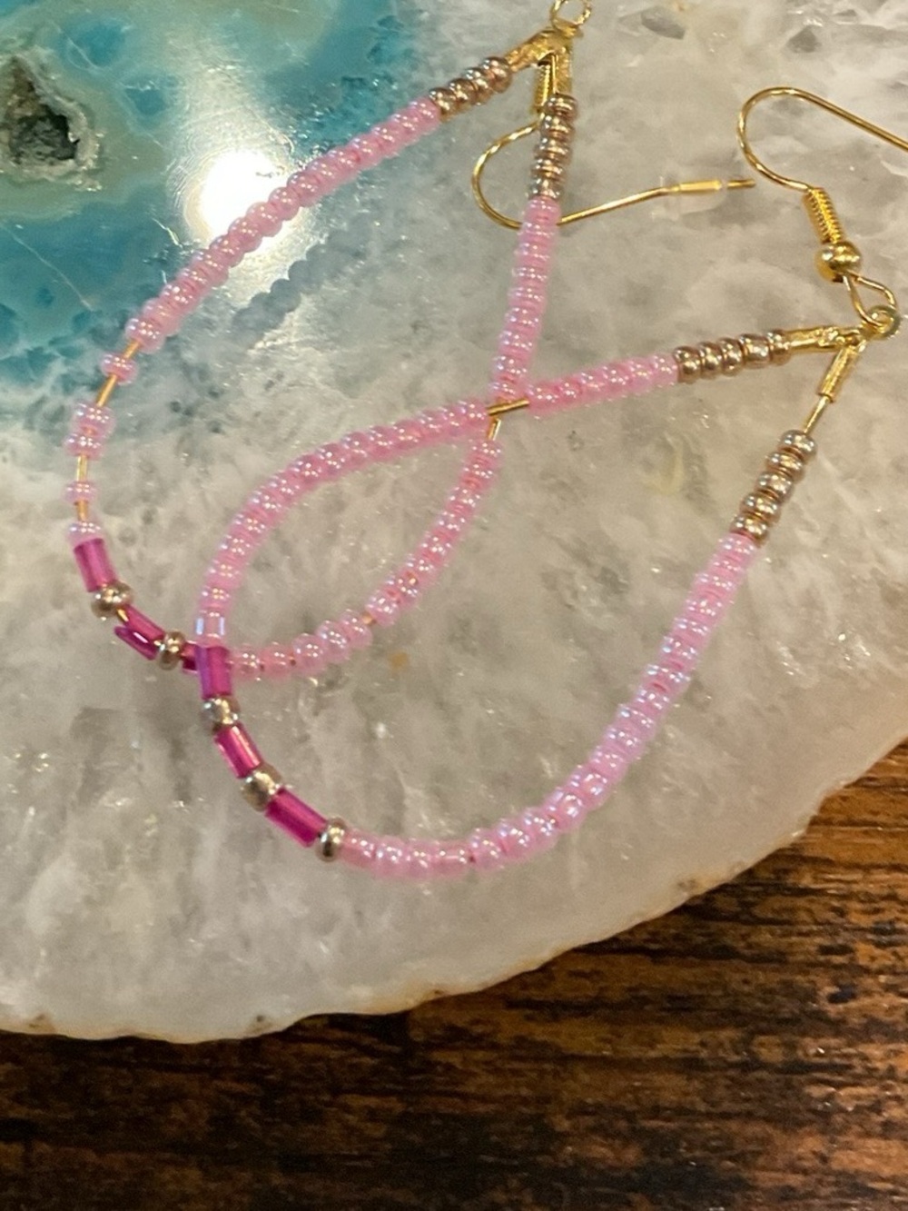 Handmade Pink Beaded Loop Earrings - Gold Accents